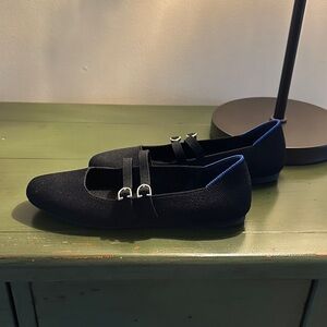 Rothy's Black Mary Jane double strap Flats with Silver Buckles